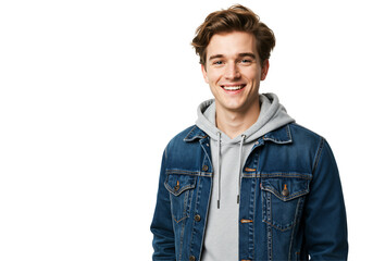 Fototapeta premium Smiling Young Adult Male with Brown Hair in a Denim Jacket and Gray Hoodie Against a Black Background