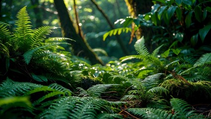 Lush rainforest floor adorned with dewy ferns and leaves