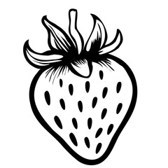 A stylized black and white vector illustration of a strawberry, featuring detailed leaves and seeds, with a bold outline.