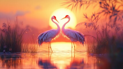Fototapeta premium Two cranes facing each other during a beautiful sunset over a calm lake