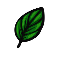 A stylized green leaf with a glossy finish and bold outlines, representing nature and freshness.