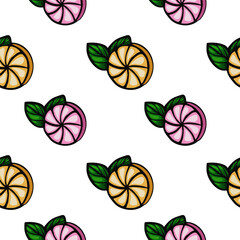 A vector  seamless pattern featuring stylized citrus fruits, including orange and pink lemon slices, surrounded by green leaves on a white background.