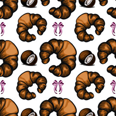 A vector  seamless pattern featuring croissants and chocolate truffles, with decorative pink bows. The design is playful and suitable for food-related themes, bakery, or dessert packaging.