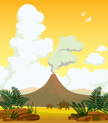 Cartoon vector illustration with silhouette of dinosaurs on the Jurassic period. Prehistoric landscape with stone, erupting volcano, smoke clouds and fern. Image with stegosaurus and pterodactyls.