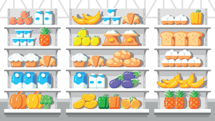 Supermarket interior. Food on the grocery store shelves. Flat style
