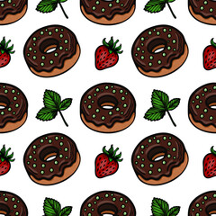 A vector  seamless pattern featuring chocolate donuts with green sprinkles, fresh strawberries, and mint leaves on a white background.