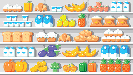 Supermarket interior. Food on the grocery store shelves. Flat style
