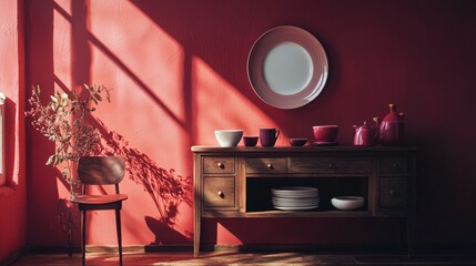 Retro red kitchen interior with window light and vintage decor cozy rustic domestic cooking space