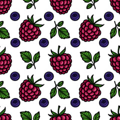 A vector  seamless pattern featuring vibrant raspberries and blueberries with green leaves on a white background.