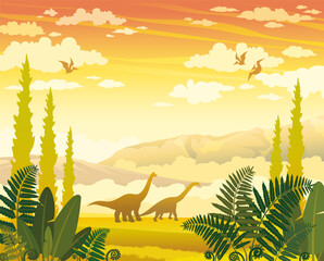Cartoon vector illustration with silhouette of dinosaurs on the Jurassic period. Prehistoric landscape with diplodocus, pterodactyls, forest, mountains, clouds and fern.
