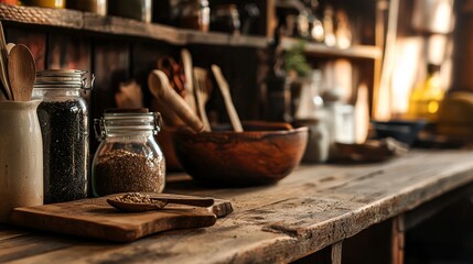 Rustic kitchen counter with spices and jars cozy homestyle interior food photography wooden vintage decor