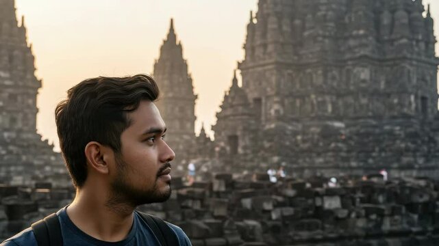 A traveler admires an ancient temple&rsquo;s stunning architecture at sunset