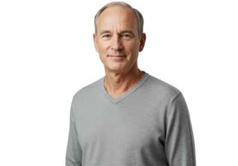 Confident Middle-Aged Caucasian Man in a Light Gray Sweater Posing Against a Black Background with a Gentle Smile and Natural Posture