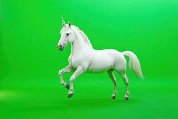 Pure white unicorn in magical realism style, photorealistic details on vibrant green backdrop