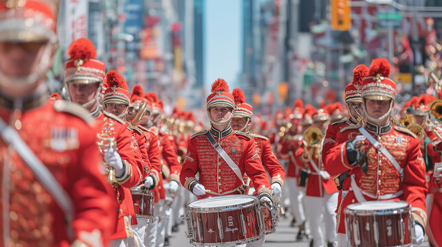 Canada Day Marching Band Performance in Downtown Parade Celebration