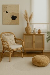 Beige Rattan Chair Modern Home Decor Stylish Room Interior Design Comfortable Woven Furniture Cozy Apartment Neutral Tones Elegant Living Space Minimalist Style Natural Textures Wooden Cabinet Pampas 