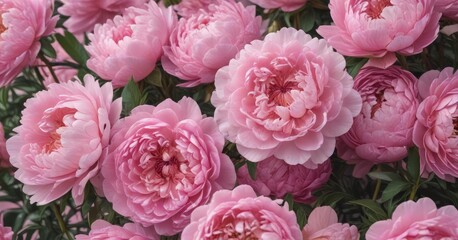Fototapeta premium Densely packed pink peonies, subtle pink backdrop , pastel, floral background