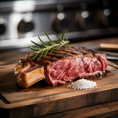 Ribeye Steaks and pork chops sit on a cutting board, a red meat dish awaiting preparation