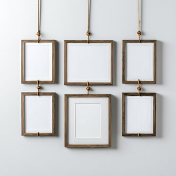 Six blank wooden picture frames of different sizes hanging on the wall
