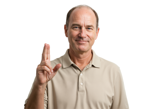 Confident Middle-Aged Caucasian Man Smiling and Making a Gesture with His Right Hand in a Neutral Setting Against a Black Background