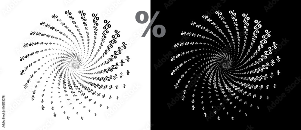 Poster a circle of percent signs in a spiral. a black figure on a white background and an equally white fig