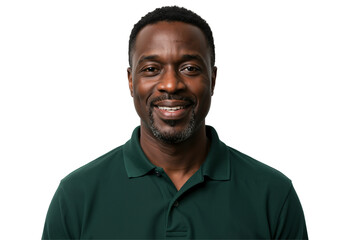 Smiling African American man in a green polo shirt against a black background, showcasing confidence and approachability through his friendly demeanor and cheerful expression.