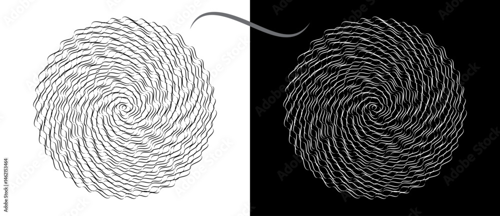 Poster Modern abstract background. Waves in circle form. Spiral logo or icon, design element. Black shape on a white background and the same white shape on the black side.