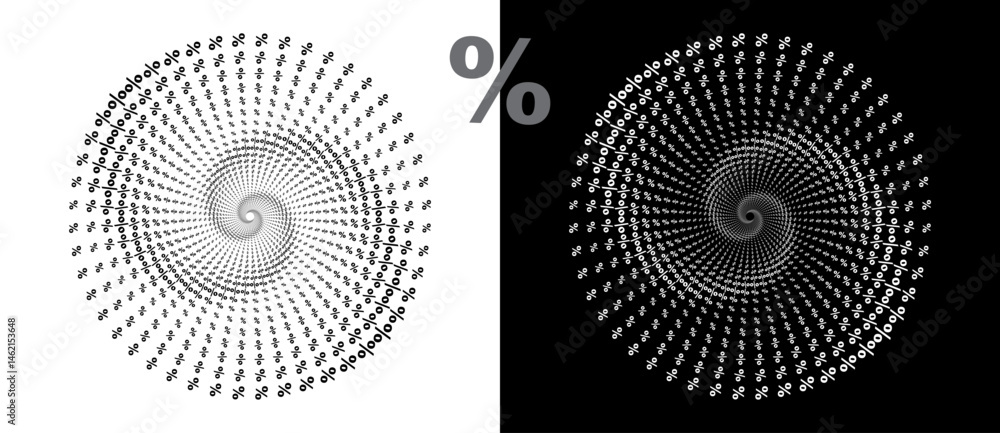 Poster a circle of percent signs in a spiral. a black figure on a white background and an equally white fig