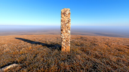 Stone Fence Post in a Foggy Dry Grassland