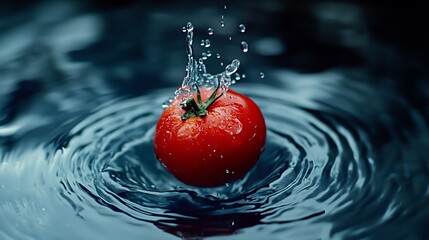 macro shot of a bright red tomato falling into crystal clear water, slow motion splash effect, droplets suspended in mid-air, vibrant ripples expanding, studio lighting with backlighting to highlight 