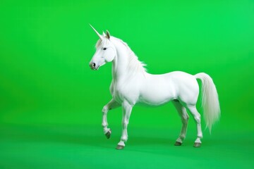 Majestic white unicorn standing isolated on lush green background, ultra-realistic fantasy creature.