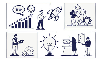 Business illustrations, cartoon style, growth chart, rocket ship, gears and cogs, lightbulb idea, office workers, laptop, speech bubbles, whiteboard presentation, corporate teamwork, blue and white co