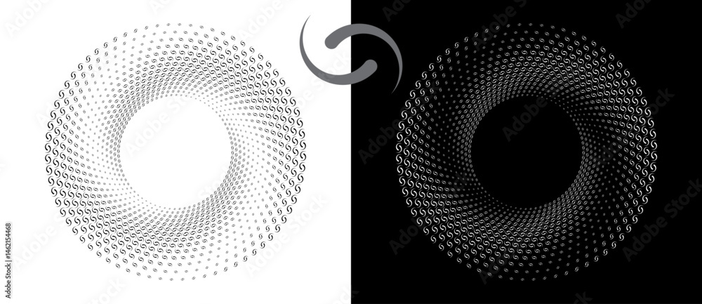 Poster Modern abstract background. Waves in circle form. Spiral logo or icon, design element. Black shape on a white background and the same white shape on the black side.