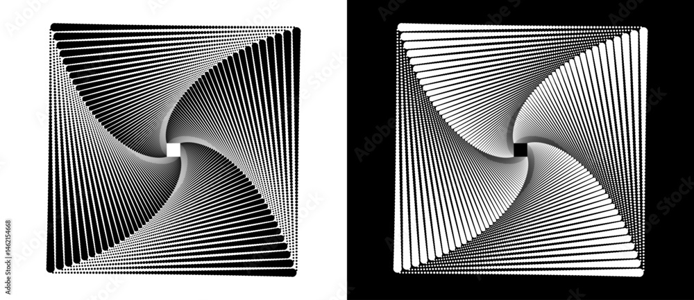 Leinwandbilder Square with halftone dots. Spiral in geometrical form. Design element or icon. Black shape on a white background and the same white shape on the black side.
