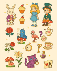 A big  set of anime-style wonderland characters. Cartoon Alice, white rabbit, Hatter, Cheshire cat, flamingos, roses, poison, clock, teapot and cup, key and cards. Vector illustration
