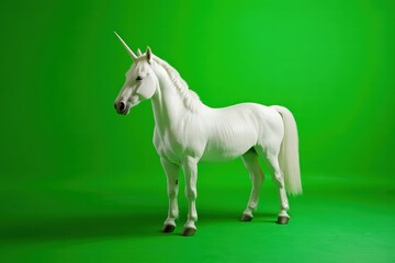 Majestic white unicorn standing isolated on lush green background, ultra-realistic fantasy creature.