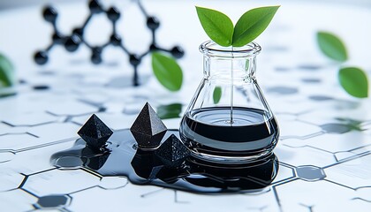 Lab experiment with dark liquid, crystals, and plants