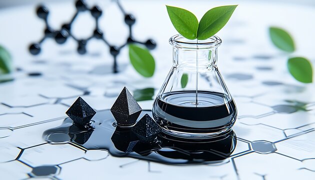 Lab experiment with dark liquid, crystals, and plants