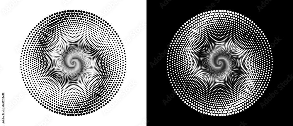 Poster Modern abstract background. Halftone dots in circle form. Spiral logo, icon or design element. Black dots on a white background and white dots on the black side.