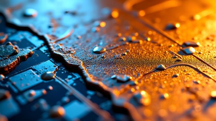 A close-up of a wet electronic circuit board with water droplets, illuminated by blue and orange lighting.