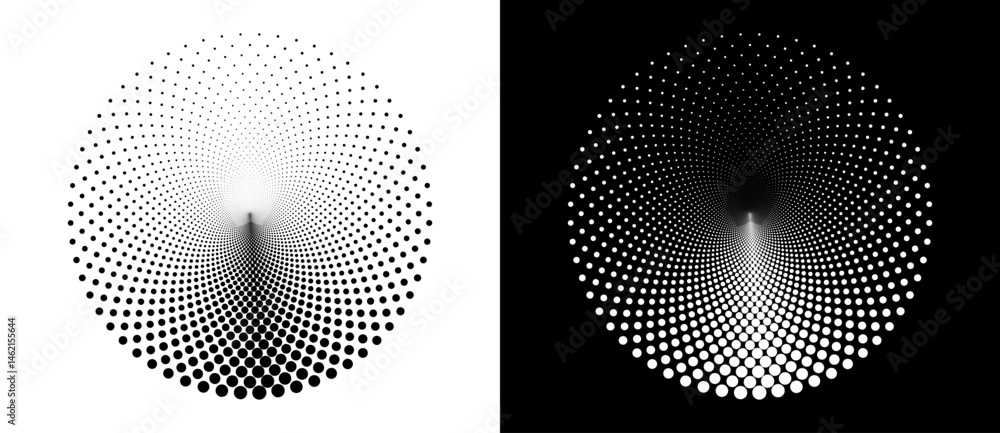 Poster Modern abstract background. Halftone dots in circle form. Round logo. Vector dotted frame. Design element or icon. Black shape on a white background and the same white shape on the black side.