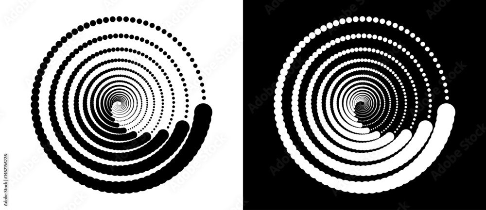Poster Modern abstract background. Halftone dots in circle form. Spiral logo, icon or design element. Black dots on a white background and white dots on the black side.