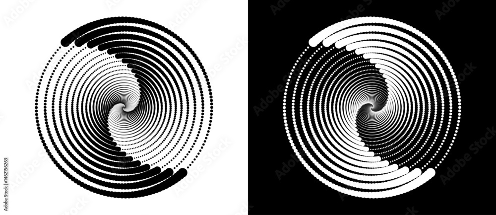 Poster Modern abstract background. Halftone dots in circle form. Spiral logo, icon or design element. Black dots on a white background and white dots on the black side.