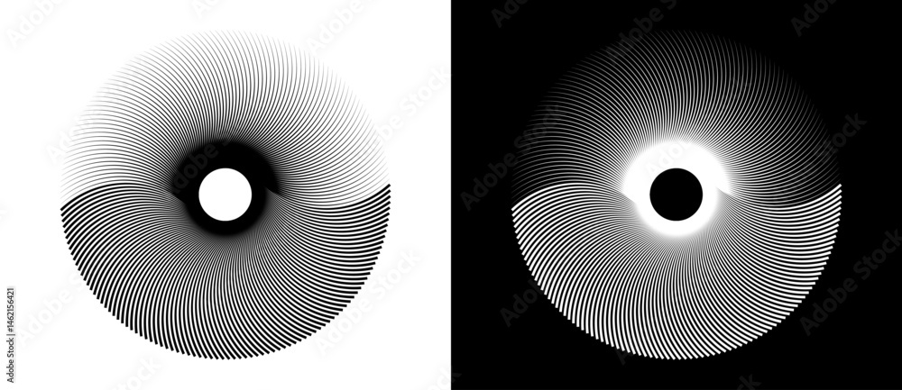 Aufkleber Lines in circle abstract background. Sun cocept. Black shape on a white background and the same white shape on the black side.