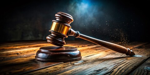 Dramatic Low-Light Courtroom Scene: Gavel Falling on Judges Bench