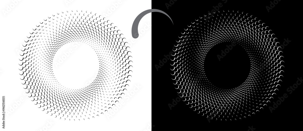Poster Modern abstract background. Waves in circle form. Spiral logo or icon, design element. Black shape on a white background and the same white shape on the black side.