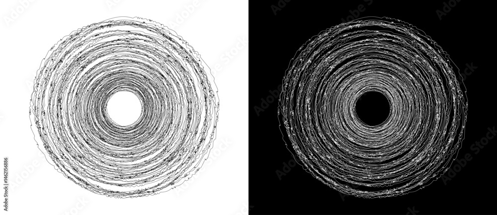 Poster Distorted lines in a circle. Chaos concept. A black figure on a white background and the same white figure on the black side.