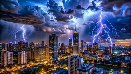 Dramatic Night Monsoon Thunderstorm Lightning Striking Cityscape