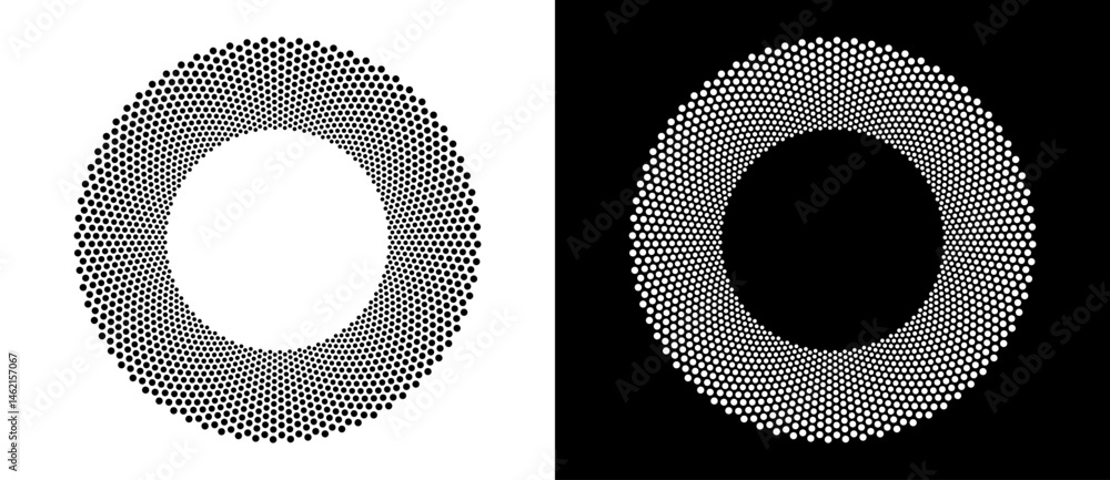 Poster Modern abstract background. Halftone dots in circle form. Round logo. Vector dotted frame. Design element or icon. Black shape on a white background and the same white shape on the black side.