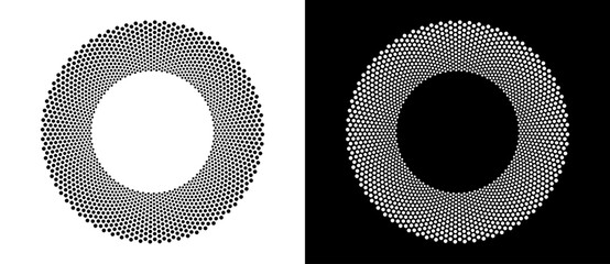Modern abstract background. Halftone dots in circle form. Round logo. Vector dotted frame. Design element or icon. Black shape on a white background and the same white shape on the black side.